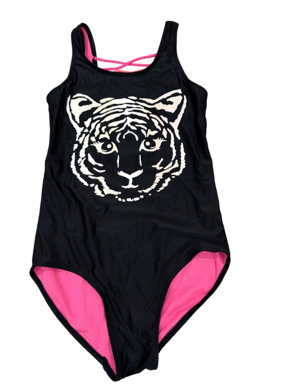 Justice Girls 14 Black Tiger One-Piece Swimsuit With Pink Lining Rainbow Crisscr